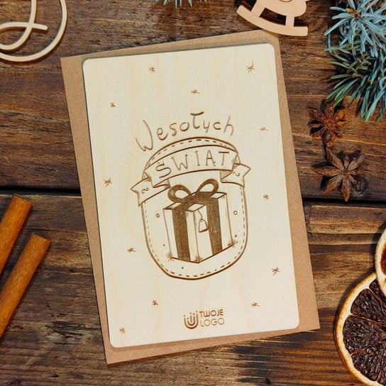 Prezent - drewniana grawerowana kartka świąteczna z logo Inna marka