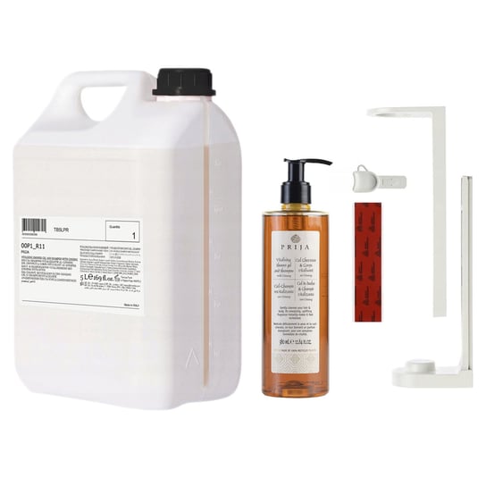 PRIJA Zestaw łazienkowy: biały uchwyt na butelkę, szampon/żel pod prysznic 380ml + zapas 5l sarcia.eu
