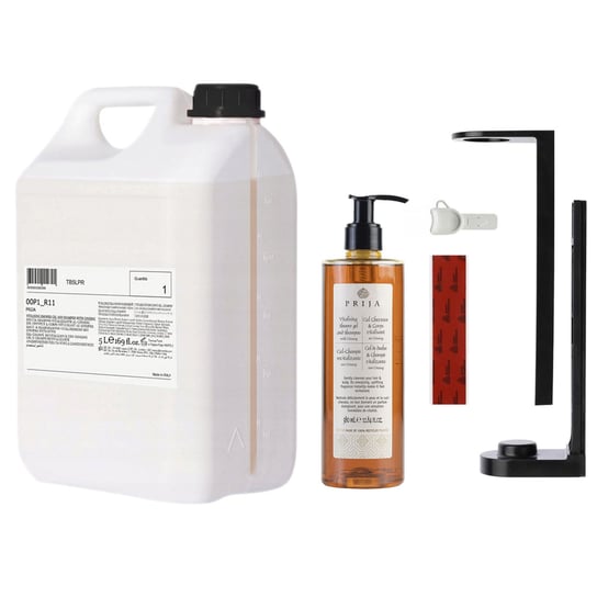 PRIJA Zestaw łazienkowy: czarny uchwyt na butelkę, szampon/żel pod prysznic 380ml + zapas 5l Prija
