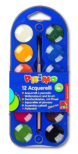 Primo, Farby wodne w pastylkach, 12 kolorów + pędzelek Primo