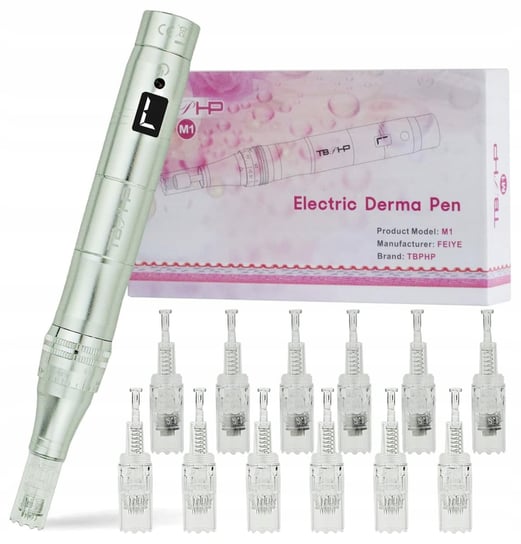 Profesjonalny Derma Pen 7 trybów LCD 12 wkładów srebrny do skóry bez marki