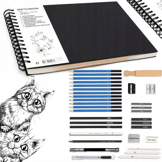 PROFESJONALNY ZESTAW DO SZKICOWANIA RYSOWANIA 33w1 OŁÓWKI WĘGIEL W ETUI