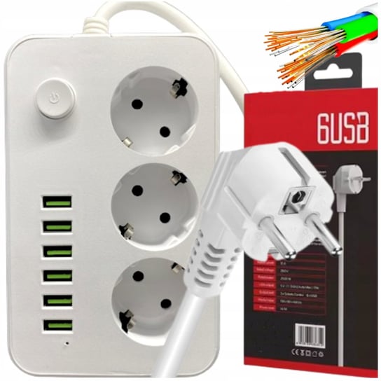 PRZEDŁUŻACZ 6 USB LISTWA ZASILAJĄCA 3 GNIAZDA ANTYPRZEPIĘCIOWA LED 2M 2500W Kapsell.mk