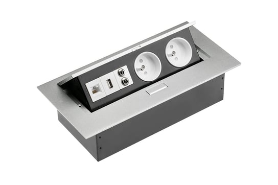 Przedłużacz biurkowy2x gniazdo z uziem,gniazdo USB,audio(banan),gniazdoRJ45 (Ethernet),bez kabla,alu GTV