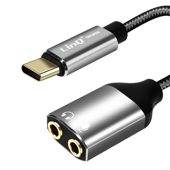 Przejsciówka audio USB-C z wtykiem meskim na podwójne gniazdo zenskie 3,5 mm, zestaw sluchawkowy z mikrofonem — LinQ LinQ
