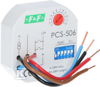 Przekaźnik czasowy PCS-506 ośmiofunkcyjny, styki: 1z, U=230VAC, I=10A, montaż w puszce podtynkowej fi 60 F&F