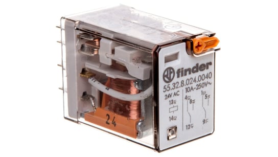 Przekaźnik miniaturowy 2P 10A 24V AC przycisk testujący mechaniczny wskaźnik zadziałania 55.32.8.024.0040 FINDER