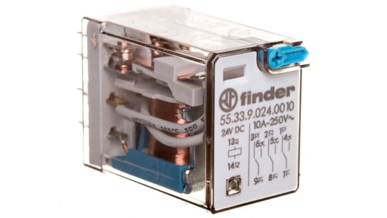 Przekaźnik miniaturowy 3P 10A 24V DC przycisk testujący AgNi 55.33.9.024.0010 FINDER