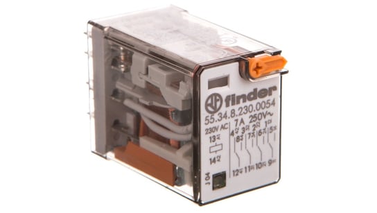 Przekaźnik miniaturowy 4P 7A 230V AC, przycisk testujący, LED, mechaniczny wskaźnik zadziałania 55.34.8.230.0054 FINDER