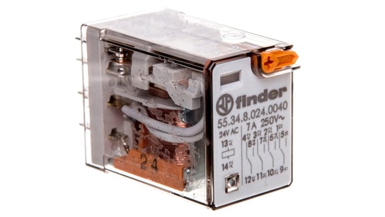 Przekaźnik miniaturowy 4P 7A 24V AC przycisk testujący mechaniczny wskaźnik zadziałania AgNi 55.34.8.024.0040 FINDER
