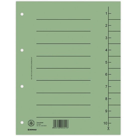 Przekładka DONAU, karton, A4, 235x300mm, 1-10, 1 karta, zielona, 100szt Donau