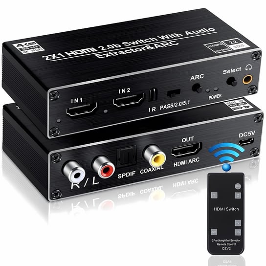 Przełącznik HDMI 2.0 2x1 Rozdzielacz Ekstraktor audio Rozgałęźnik HDMI model SPDIF 4K SWITCH T-621A Novaza Tech