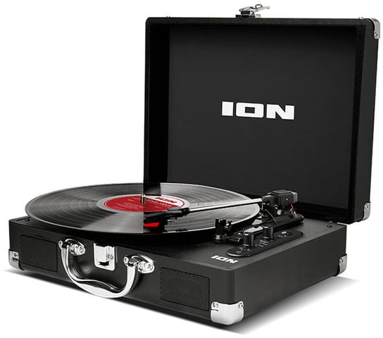 Przenośny gramofon w formie walizki z wbudowanym akumulatorem, głośnikami, usb i bluetooth (czarny) ION