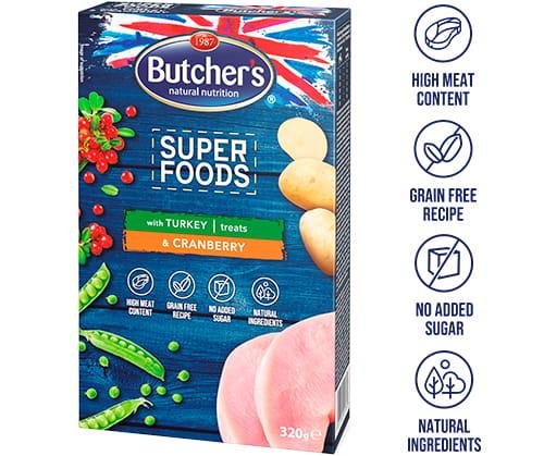Przysmak dla psa BUTCHER'S Super Foods Treats, indyk z żurawiną, 320 g Butcher's