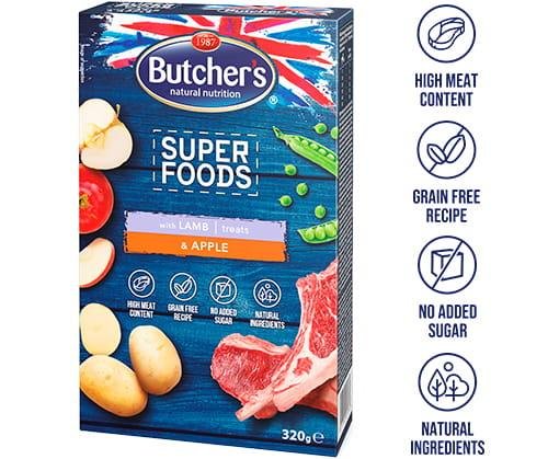 Przysmak dla psa BUTCHER'S Super Foods Treats, jagnięcina z jabłkiem, 320 g Butcher's