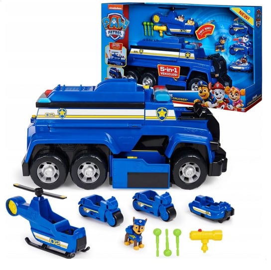 Psi Patrol, Mega Radiowóz policyjny 5w1 z pojazdami i figurką Chase, funkcja Dźwięk i Światło Spin Master