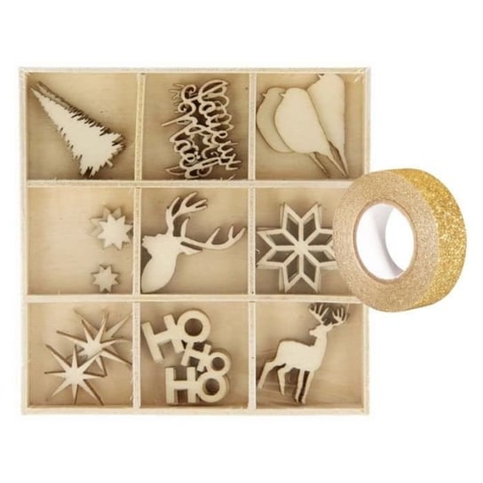 Pudełko 27 mini świątecznych ozdób drewnianych + taśma maskująca ze złotym brokatem 5 m Youdoit