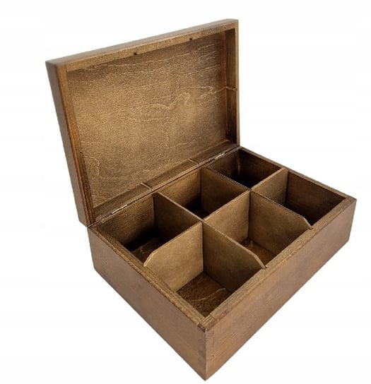 Pudełko brązowe orzech pojemnik SKRZYNKA na HERBATĘ herbaciarka 6 PRZEGRÓD PEEWIT