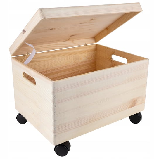 Pudełko drewniane naturalne duże, skrzynka z uchwytami, wiekiem i kółkami 40x30x24 cm, do przechowywania zabawek, narzędzi, na prezent Creative Deco