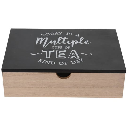 Pudełko na herbatę, drewniane, stylowy napis na pokrywie, 24 x  17 x 7 cm, czarne Home Styling Collection
