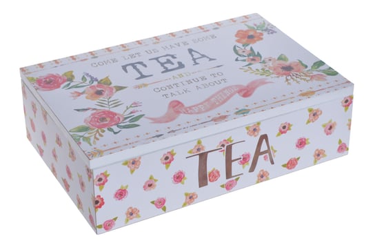Pudełko na herbatę z 6 przegródkami "TEA AND HAPPY THINGS" Kwiaty, drewniane, 24x7x16 cm Ewax
