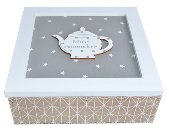 Pudełko na herbatę z imbrykiem, drewniane, szaro-białe, 18x6,7x18 cm Ewax