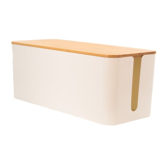 Pudełko na kable z pokrywą z bambusa w kolorze Białym - 32 x 12.5 x 13.5 cm Pudełko do zarządzania kablami, organizer Intirilife