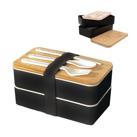 Pudełko na lunch Bento Box z 3 przegródkami i sztućcami w kolorze Czarnym Pojemnik na chleb Pudełko na lunch Intirilife