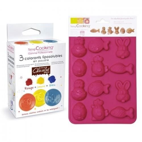 Pudełko z 3 barwnikami rozpuszczalnymi w tłuszczach i silikonową foremką do wykonania kolorowych czekoladek wielkanocnych. Youdoit