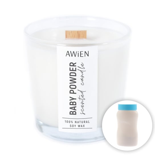 Puder Świeca Sojowa w Szkle Z Drewnianym Knotem Pudrowa Baby Powder AWiEN