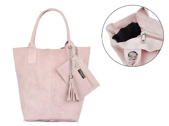 Pudrowo-różowa włoska torebka skórzana zamszowa A4 shopperka T49 różowy Vera Pelle