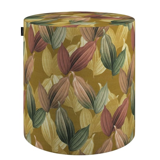 Puf Barrel, kolorowe liście na musztardowym tle, ø40, wys. 40 cm, Abigail Dekoria