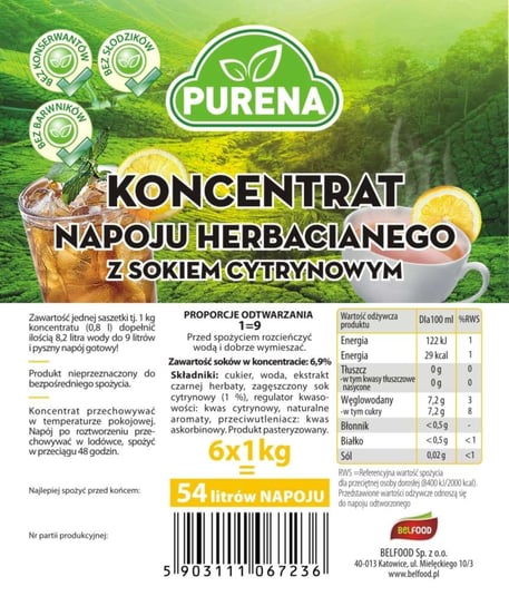 PURENA Koncentrat Napoju Herbacianego z Sokiem z Cytryny 1kg Purena