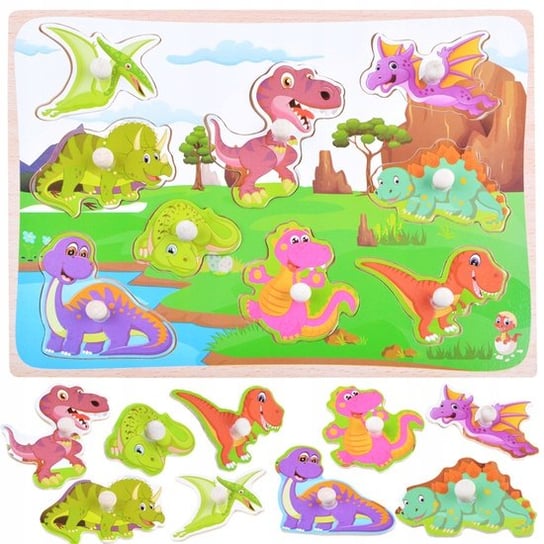 Puzzle drewniane dinozaury układanka 9 el. sorter dla dzieci puzzle dla najmłodszych Inna marka