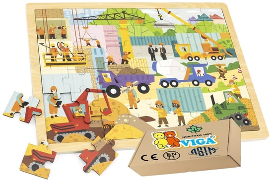 PUZZLE DREWNIANE układanka 48el NA BUDOWIE zabawki edukacyjne dla chłopca Viga 2+ montessori PakaNiemowlaka