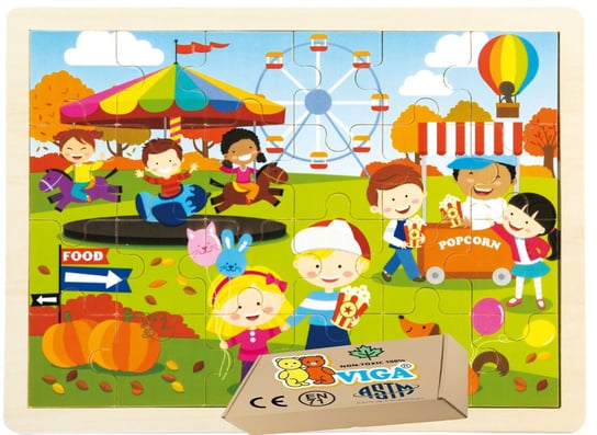 Puzzle Drewniane WESOŁE MIASTECZKO dla małych Dzieci Zabawki Rozwojowe Viga zabawka montessori PakaNiemowlaka
