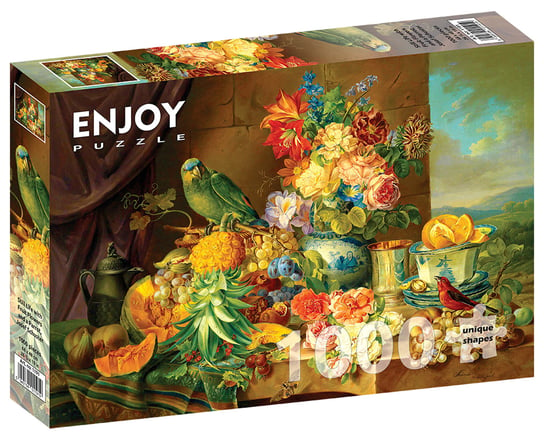Puzzle, Martwa natura z owocami, kwiatami i papugą, Josef Schuster, 1000 el. Enjoy