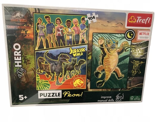 Puzzle Neon 104 Jurassic World + plakat świecący w ciemności 93398 Trefl