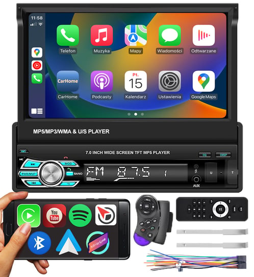 Radio samochodowe 1DIN 7" Bluetooth z wysuwanym ekranem dotykowy Android Auto Carplay VORTEX