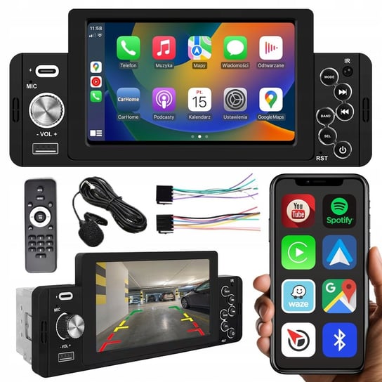Radio samochodowe 1DIN Bluetooth 5' ekran dotykowy Apple CarPlay Android Auto NCS