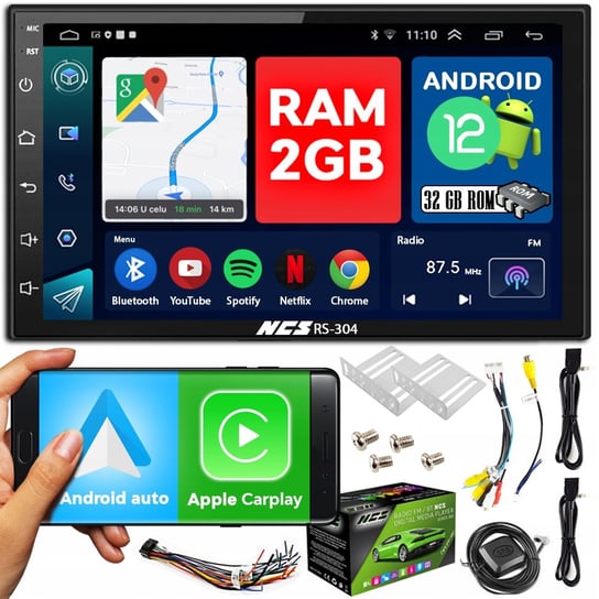 Radio samochodowe 2 DIN 7" 2GB RAM USB GPS Bluetooth Android 12 Android Auto CarPlay | NCS RS-304 NCS