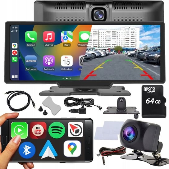 Radio samochodowe nawigacja monitor ekran multimedialny Apple CarPlay / Android Auto kamera cofania wideorejestrator tir bus DVR na kokpit deskę rozdzielczą FullHD + karta microSD 64GB VORTEX