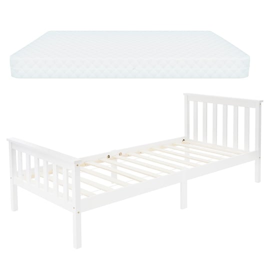 Rama łóżka z ramą z listewek i materacem 90x200 cm w kolorze białym z drewna sosnowego, wzór ML ML-DESIGN
