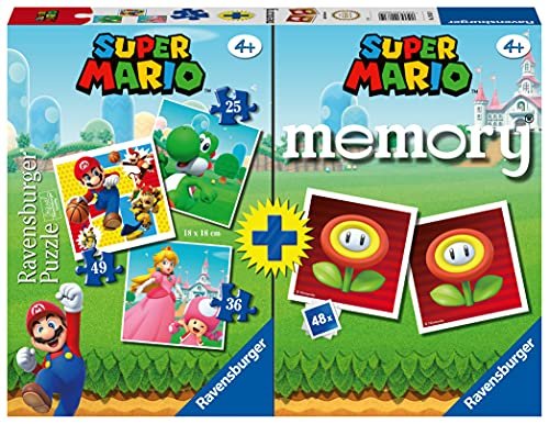 Ravensburger - Opakowanie zbiorcze Super Mario, Memory® 48 kart + 3 puzzle dla dzieci 25/36/49 elementów, 4+ lata Ravensburger