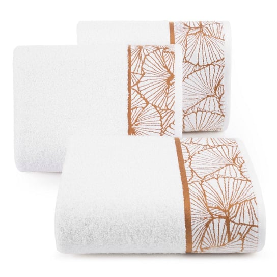 Ręcznik kąpielowy 50x90 biały 500 g/m2 elegancki zdobiony żakardowym geometrycznym złotym wzorem w liście Eurofirany