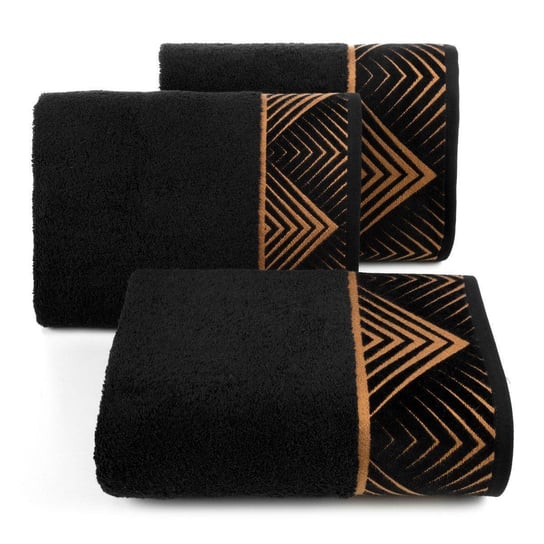 Ręcznik kąpielowy 50x90 czarna 500 g/m2 elegancki zdobiony żakardowym geometrycznym złotym wzorem Eurofirany