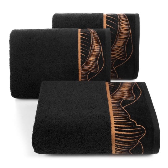 Ręcznik kąpielowy 50x90 czarny 500 g/m2 elegancki zdobiony żakardowym geometrycznym złotym wzorem w liście Eurofirany