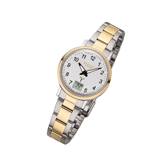 Regent damski zegarek sterowany radiowo FR-258 analogowo-cyfrowy metalowy zegarek na rękę złoty URFR258 Regent