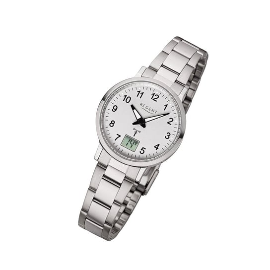 Regent damski zegarek sterowany radiowo FR-260 analogowo-cyfrowy metalowy zegarek na rękę srebrny URFR260 Regent