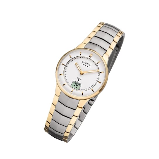 Regent damski zegarek sterowany radiowo FR-261 analogowo-cyfrowy metalowy zegarek na rękę złoty URFR261 Regent